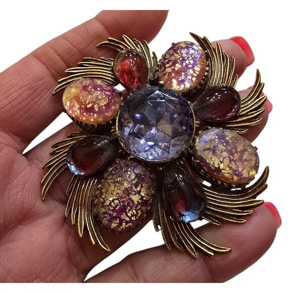 Exceptional Signed Florenza Purple Toned Dragon Breath And Bicolor Glass Brooch - Picture 2 of 7